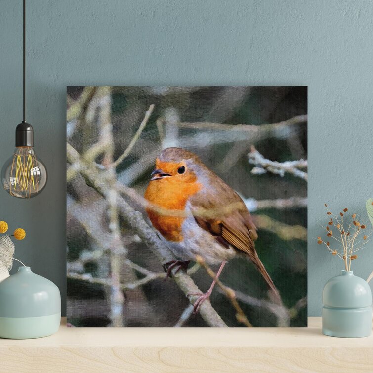 Orange And Gray Bird On Tree Branch - 1 Piece Rect Orange And Gray Bird On  Tree Branch On Canvas Painting